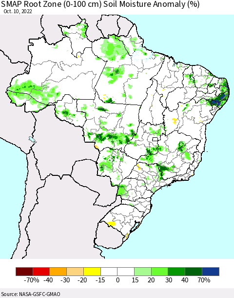 Brazil SMAP Root Zone (0-100 cm) Soil Moisture Anomaly (%) Thematic Map For 10/6/2022 - 10/10/2022