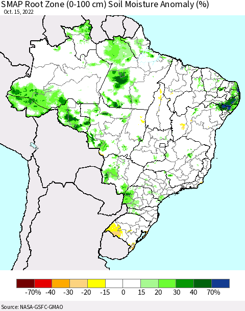 Brazil SMAP Root Zone (0-100 cm) Soil Moisture Anomaly (%) Thematic Map For 10/11/2022 - 10/15/2022
