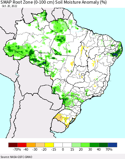 Brazil SMAP Root Zone (0-100 cm) Soil Moisture Anomaly (%) Thematic Map For 10/16/2022 - 10/20/2022