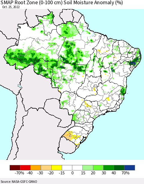 Brazil SMAP Root Zone (0-100 cm) Soil Moisture Anomaly (%) Thematic Map For 10/21/2022 - 10/25/2022