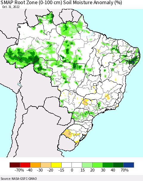 Brazil SMAP Root Zone (0-100 cm) Soil Moisture Anomaly (%) Thematic Map For 10/26/2022 - 10/31/2022