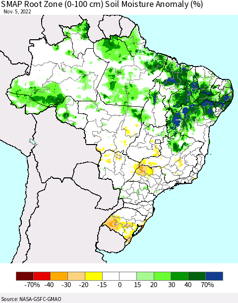 Brazil SMAP Root Zone (0-100 cm) Soil Moisture Anomaly (%) Thematic Map For 11/1/2022 - 11/5/2022