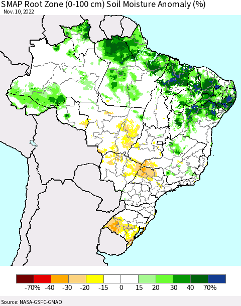Brazil SMAP Root Zone (0-100 cm) Soil Moisture Anomaly (%) Thematic Map For 11/6/2022 - 11/10/2022