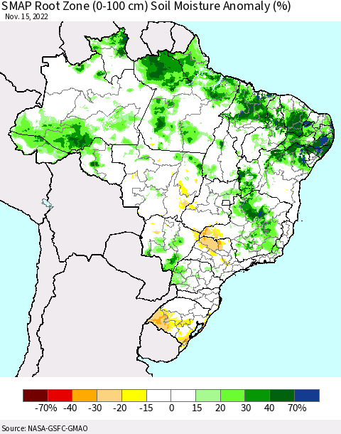 Brazil SMAP Root Zone (0-100 cm) Soil Moisture Anomaly (%) Thematic Map For 11/11/2022 - 11/15/2022