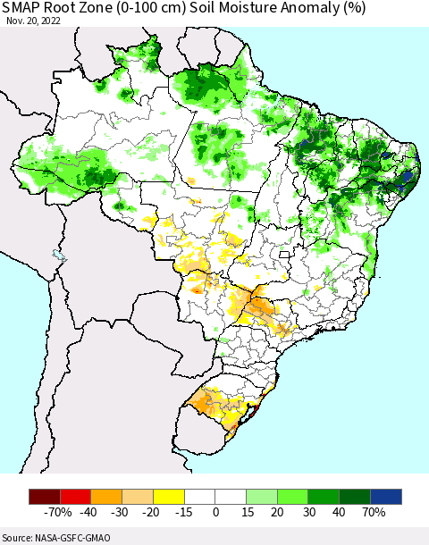 Brazil SMAP Root Zone (0-100 cm) Soil Moisture Anomaly (%) Thematic Map For 11/16/2022 - 11/20/2022