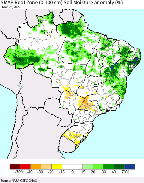 Brazil SMAP Root Zone (0-100 cm) Soil Moisture Anomaly (%) Thematic Map For 11/21/2022 - 11/25/2022