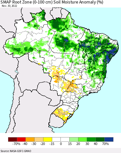 Brazil SMAP Root Zone (0-100 cm) Soil Moisture Anomaly (%) Thematic Map For 11/26/2022 - 11/30/2022