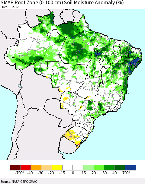 Brazil SMAP Root Zone (0-100 cm) Soil Moisture Anomaly (%) Thematic Map For 12/1/2022 - 12/5/2022