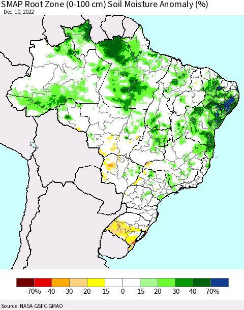 Brazil SMAP Root Zone (0-100 cm) Soil Moisture Anomaly (%) Thematic Map For 12/6/2022 - 12/10/2022