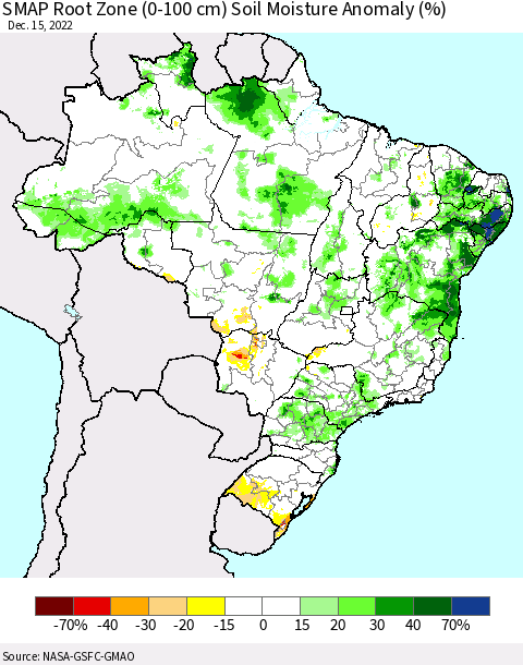 Brazil SMAP Root Zone (0-100 cm) Soil Moisture Anomaly (%) Thematic Map For 12/11/2022 - 12/15/2022