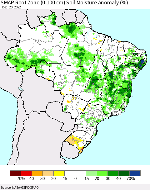 Brazil SMAP Root Zone (0-100 cm) Soil Moisture Anomaly (%) Thematic Map For 12/16/2022 - 12/20/2022