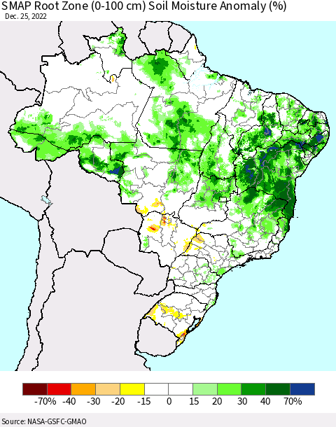 Brazil SMAP Root Zone (0-100 cm) Soil Moisture Anomaly (%) Thematic Map For 12/21/2022 - 12/25/2022