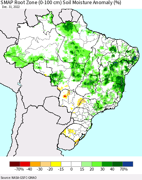 Brazil SMAP Root Zone (0-100 cm) Soil Moisture Anomaly (%) Thematic Map For 12/26/2022 - 12/31/2022