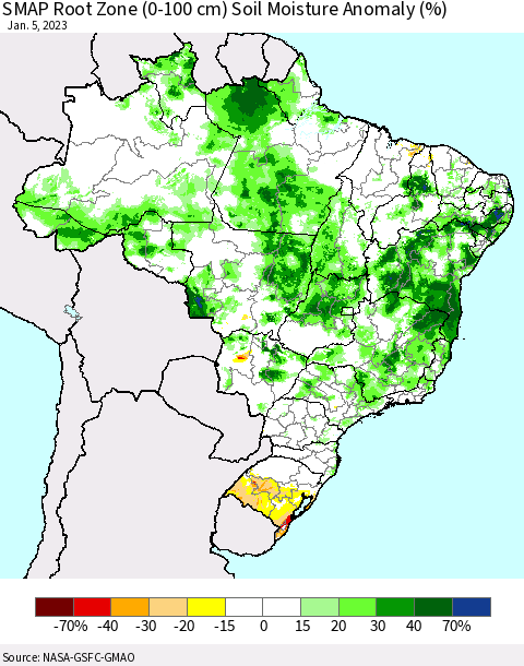 Brazil SMAP Root Zone (0-100 cm) Soil Moisture Anomaly (%) Thematic Map For 1/1/2023 - 1/5/2023