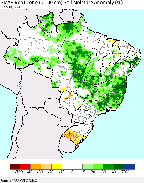 Brazil SMAP Root Zone (0-100 cm) Soil Moisture Anomaly (%) Thematic Map For 1/6/2023 - 1/10/2023