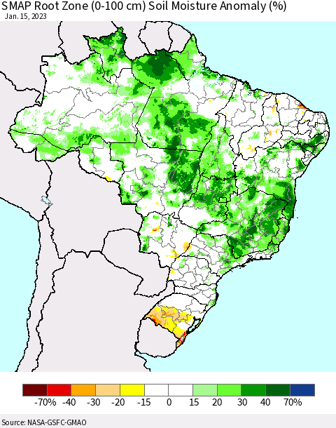 Brazil SMAP Root Zone (0-100 cm) Soil Moisture Anomaly (%) Thematic Map For 1/11/2023 - 1/15/2023
