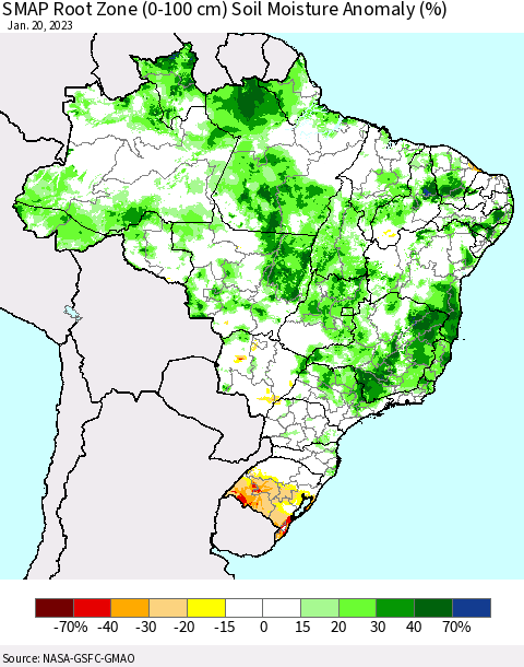Brazil SMAP Root Zone (0-100 cm) Soil Moisture Anomaly (%) Thematic Map For 1/16/2023 - 1/20/2023