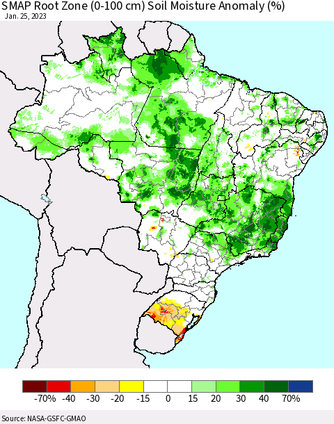 Brazil SMAP Root Zone (0-100 cm) Soil Moisture Anomaly (%) Thematic Map For 1/21/2023 - 1/25/2023