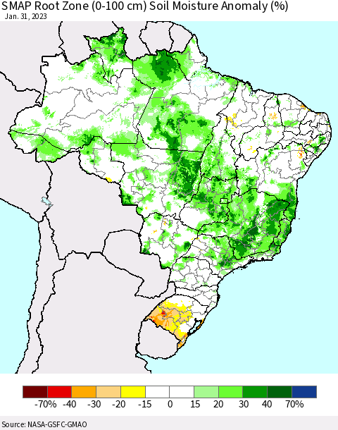 Brazil SMAP Root Zone (0-100 cm) Soil Moisture Anomaly (%) Thematic Map For 1/26/2023 - 1/31/2023