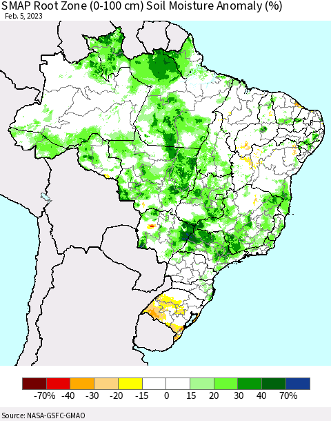 Brazil SMAP Root Zone (0-100 cm) Soil Moisture Anomaly (%) Thematic Map For 2/1/2023 - 2/5/2023
