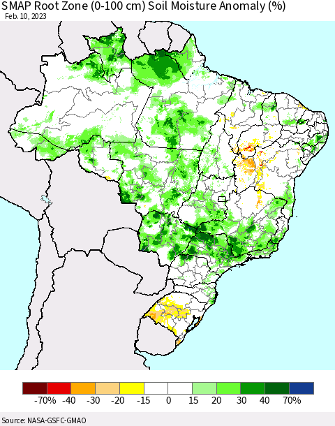 Brazil SMAP Root Zone (0-100 cm) Soil Moisture Anomaly (%) Thematic Map For 2/6/2023 - 2/10/2023