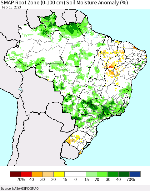 Brazil SMAP Root Zone (0-100 cm) Soil Moisture Anomaly (%) Thematic Map For 2/11/2023 - 2/15/2023
