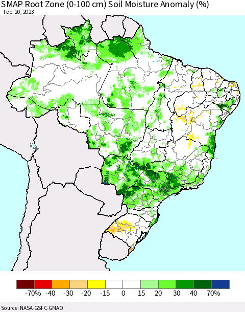 Brazil SMAP Root Zone (0-100 cm) Soil Moisture Anomaly (%) Thematic Map For 2/16/2023 - 2/20/2023