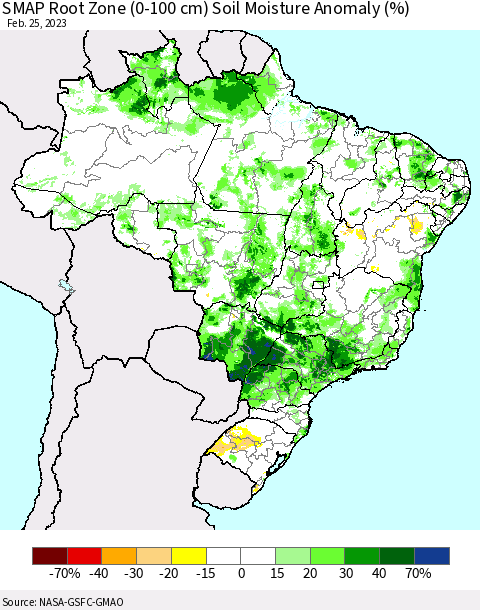 Brazil SMAP Root Zone (0-100 cm) Soil Moisture Anomaly (%) Thematic Map For 2/21/2023 - 2/25/2023