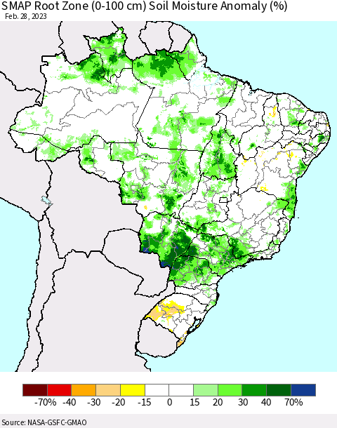 Brazil SMAP Root Zone (0-100 cm) Soil Moisture Anomaly (%) Thematic Map For 2/26/2023 - 2/28/2023