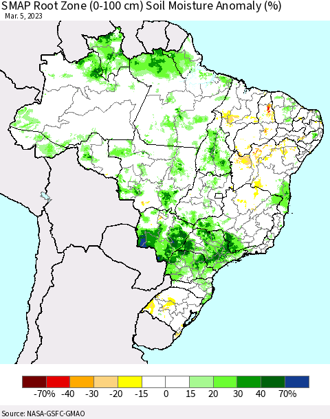 Brazil SMAP Root Zone (0-100 cm) Soil Moisture Anomaly (%) Thematic Map For 3/1/2023 - 3/5/2023