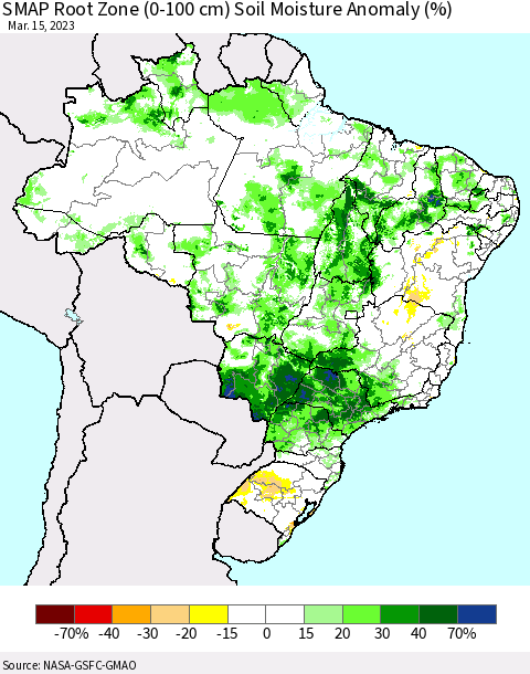 Brazil SMAP Root Zone (0-100 cm) Soil Moisture Anomaly (%) Thematic Map For 3/11/2023 - 3/15/2023