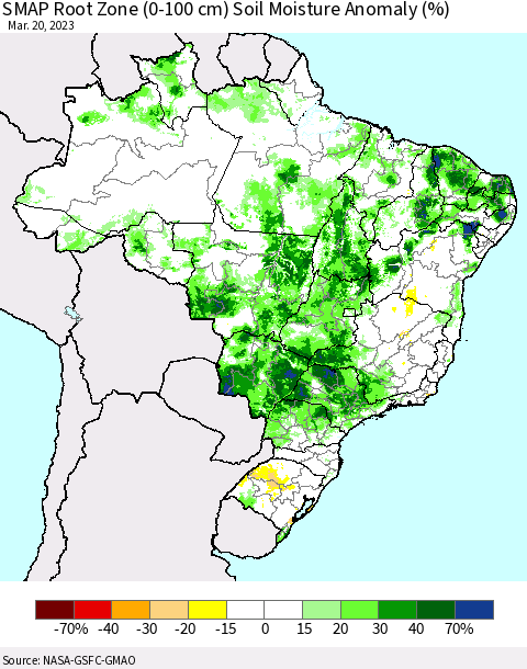 Brazil SMAP Root Zone (0-100 cm) Soil Moisture Anomaly (%) Thematic Map For 3/16/2023 - 3/20/2023