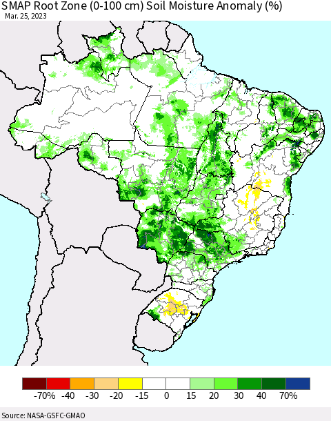 Brazil SMAP Root Zone (0-100 cm) Soil Moisture Anomaly (%) Thematic Map For 3/21/2023 - 3/25/2023