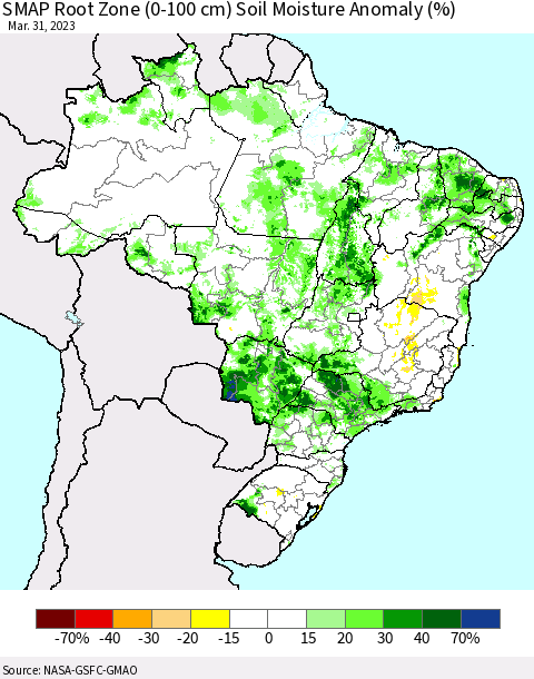 Brazil SMAP Root Zone (0-100 cm) Soil Moisture Anomaly (%) Thematic Map For 3/26/2023 - 3/31/2023