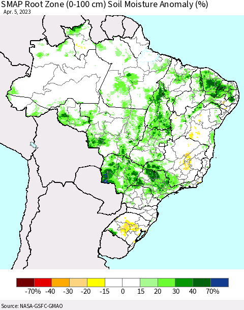 Brazil SMAP Root Zone (0-100 cm) Soil Moisture Anomaly (%) Thematic Map For 4/1/2023 - 4/5/2023