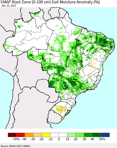 Brazil SMAP Root Zone (0-100 cm) Soil Moisture Anomaly (%) Thematic Map For 4/6/2023 - 4/10/2023