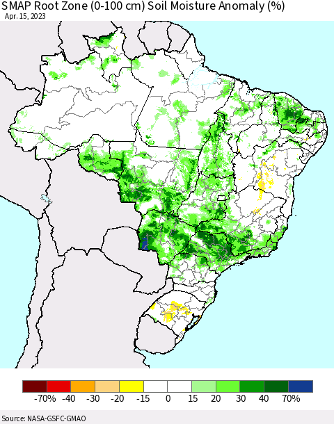 Brazil SMAP Root Zone (0-100 cm) Soil Moisture Anomaly (%) Thematic Map For 4/11/2023 - 4/15/2023