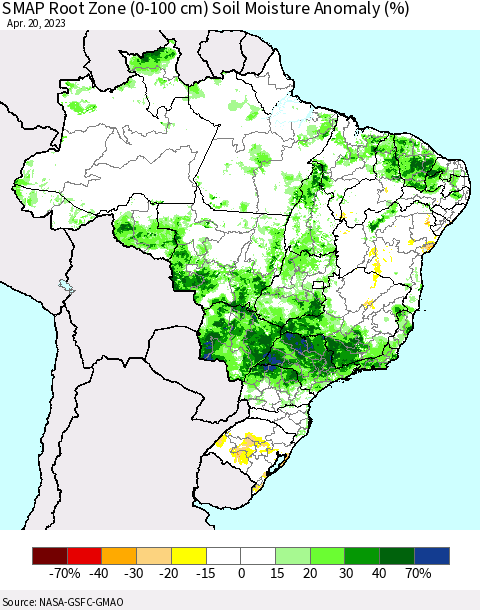 Brazil SMAP Root Zone (0-100 cm) Soil Moisture Anomaly (%) Thematic Map For 4/16/2023 - 4/20/2023