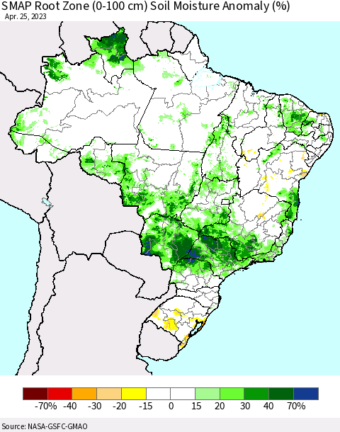 Brazil SMAP Root Zone (0-100 cm) Soil Moisture Anomaly (%) Thematic Map For 4/21/2023 - 4/25/2023