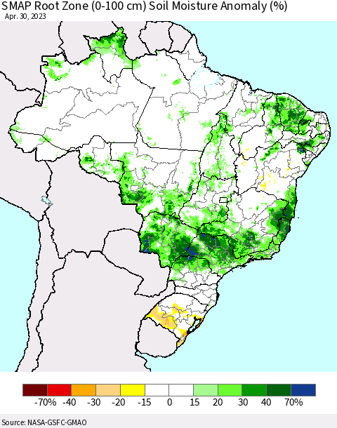 Brazil SMAP Root Zone (0-100 cm) Soil Moisture Anomaly (%) Thematic Map For 4/26/2023 - 4/30/2023