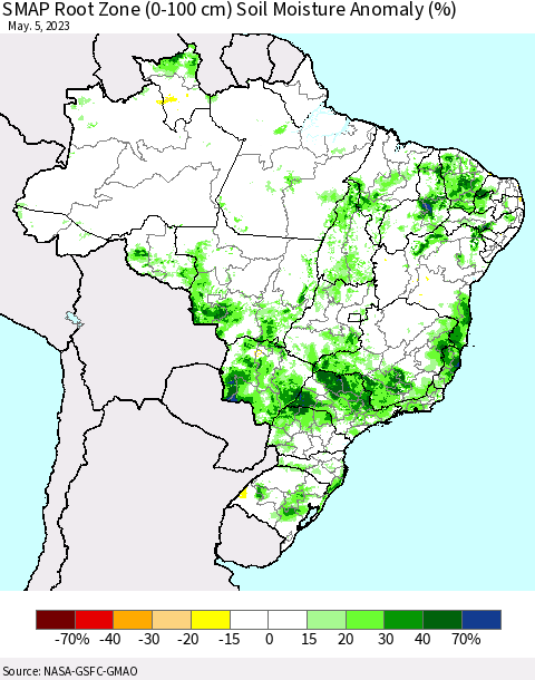 Brazil SMAP Root Zone (0-100 cm) Soil Moisture Anomaly (%) Thematic Map For 5/1/2023 - 5/5/2023