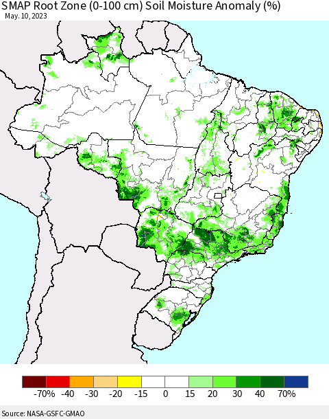 Brazil SMAP Root Zone (0-100 cm) Soil Moisture Anomaly (%) Thematic Map For 5/6/2023 - 5/10/2023