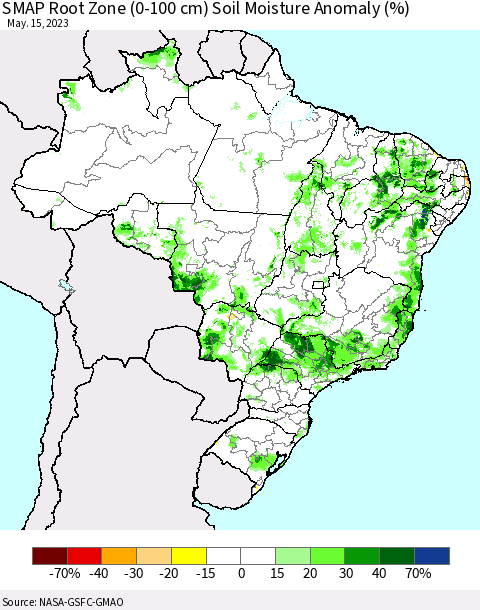 Brazil SMAP Root Zone (0-100 cm) Soil Moisture Anomaly (%) Thematic Map For 5/11/2023 - 5/15/2023