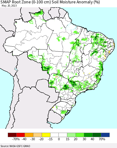 Brazil SMAP Root Zone (0-100 cm) Soil Moisture Anomaly (%) Thematic Map For 5/16/2023 - 5/20/2023