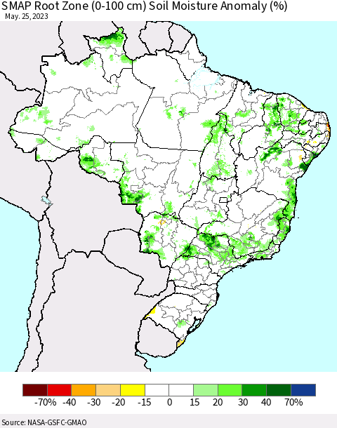 Brazil SMAP Root Zone (0-100 cm) Soil Moisture Anomaly (%) Thematic Map For 5/21/2023 - 5/25/2023