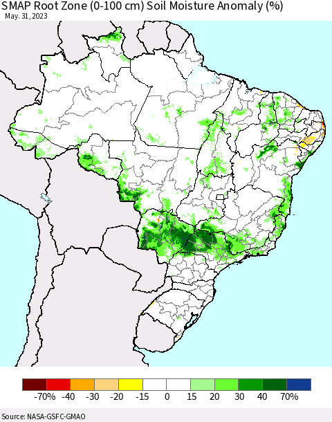 Brazil SMAP Root Zone (0-100 cm) Soil Moisture Anomaly (%) Thematic Map For 5/26/2023 - 5/31/2023