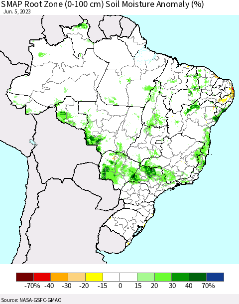 Brazil SMAP Root Zone (0-100 cm) Soil Moisture Anomaly (%) Thematic Map For 6/1/2023 - 6/5/2023