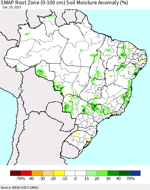 Brazil SMAP Root Zone (0-100 cm) Soil Moisture Anomaly (%) Thematic Map For 6/6/2023 - 6/10/2023