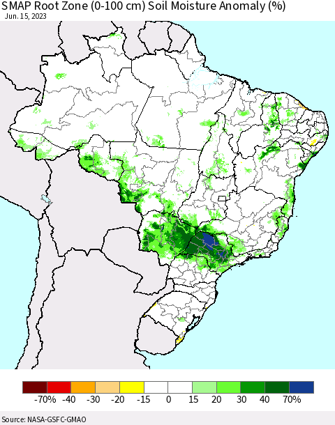 Brazil SMAP Root Zone (0-100 cm) Soil Moisture Anomaly (%) Thematic Map For 6/11/2023 - 6/15/2023