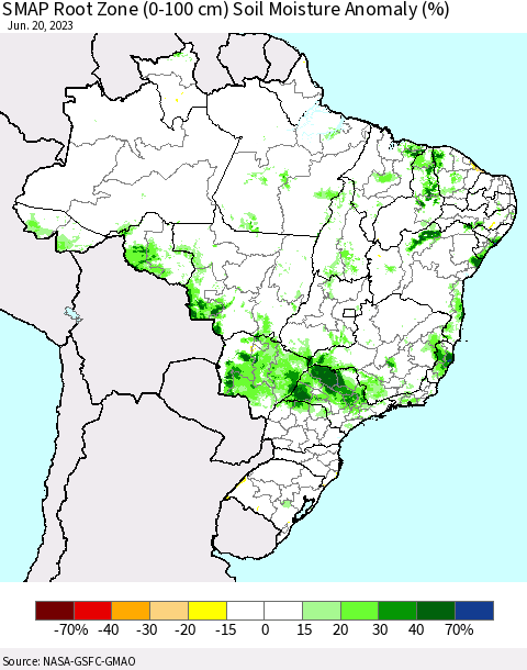 Brazil SMAP Root Zone (0-100 cm) Soil Moisture Anomaly (%) Thematic Map For 6/16/2023 - 6/20/2023